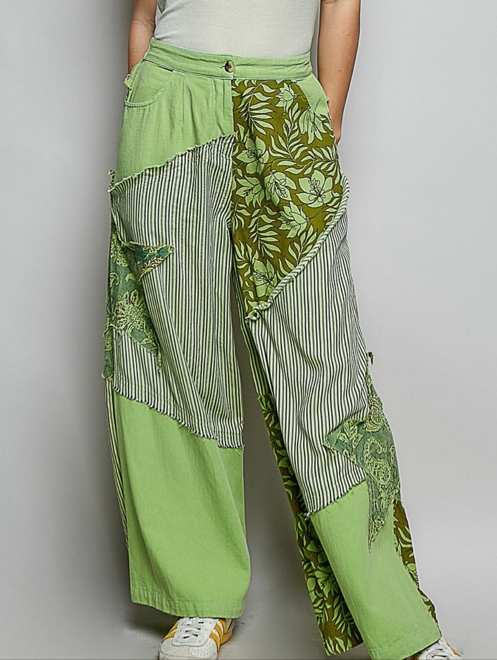 POL Green Patchwork Floral & Stripe Wide-Leg Pants